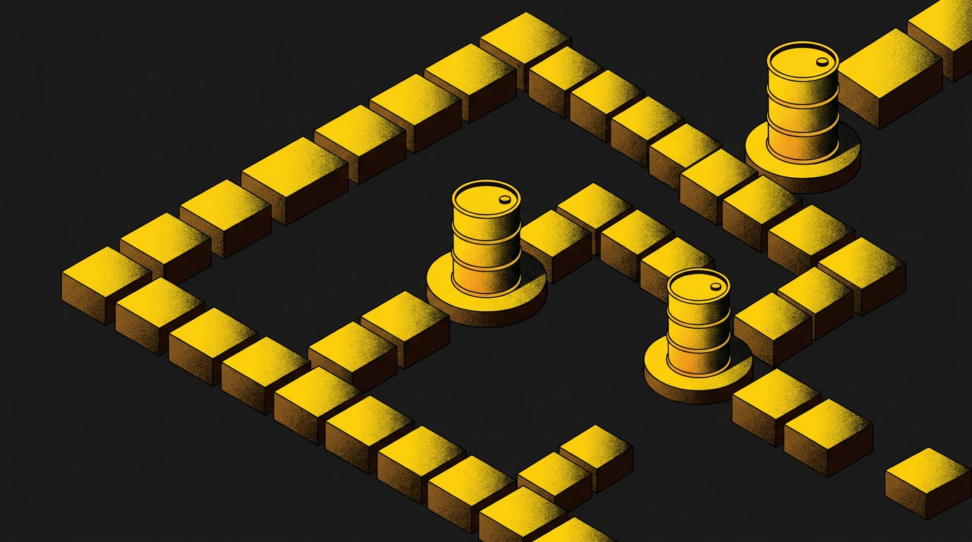 Isometric illustration: a path of yellow blocks linking three waste drums